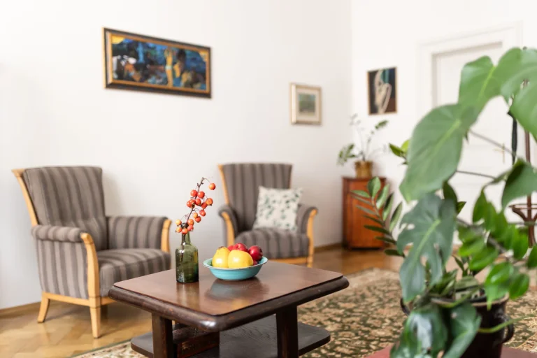 Interiér Centra psychoterapie Praha – pohled na útulnou ordinaci s křesly, konferenčním stolkem a zelenými rostlinami.