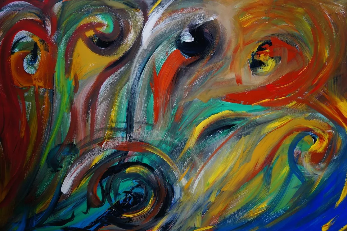 Barevná abstraktní malba s víry a emocemi – symbolické vyjádření vnitřního světa a prožívání deprese.