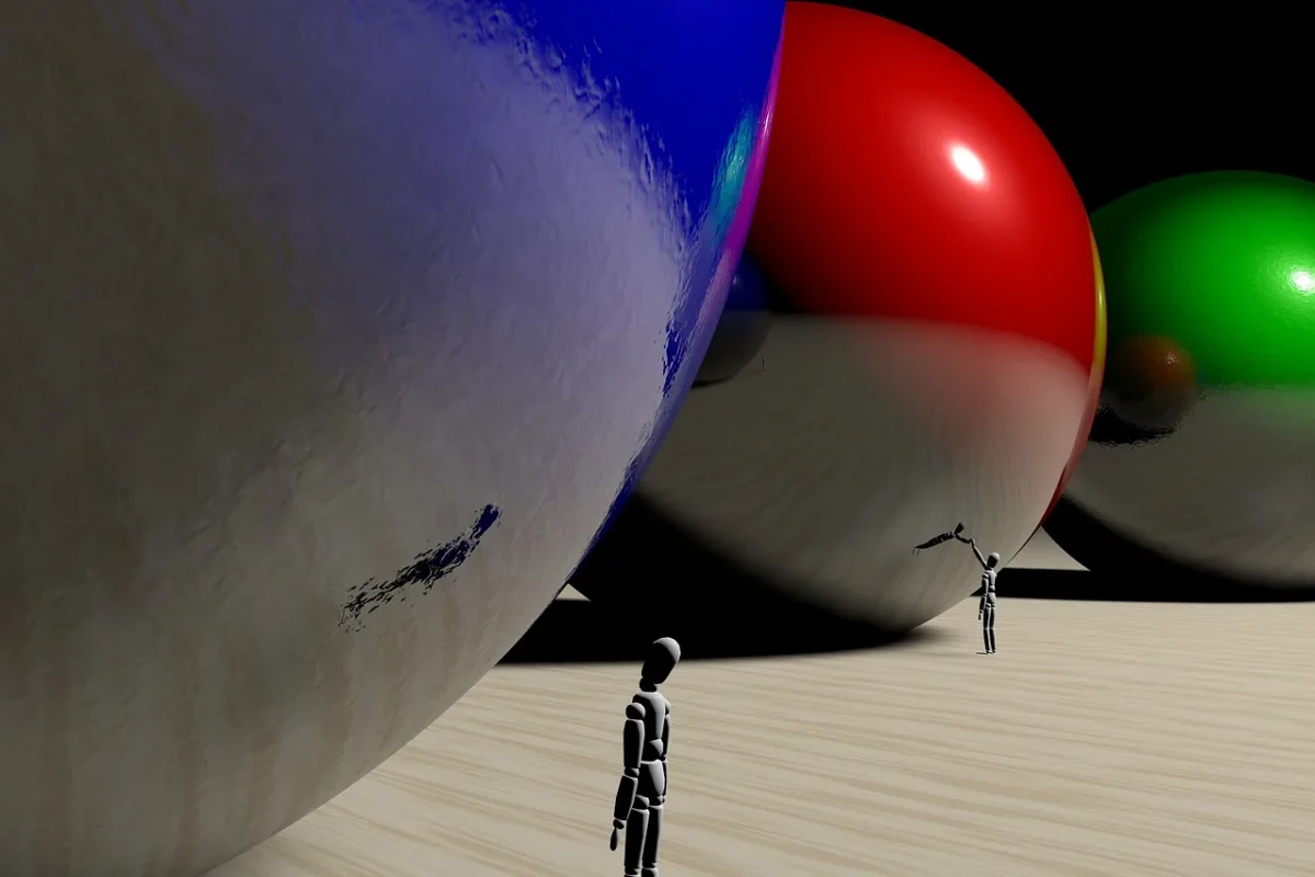 Abstraktní znázornění sociální fobie – malé postavy vedle obrovských barevných koulí symbolizujících úzkost a tlak okolí.